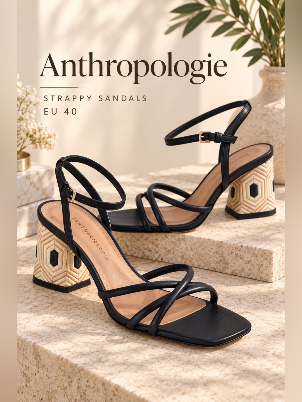Anthropologie Black Strappy Geometric Statement Block Heel Sandals EU 40